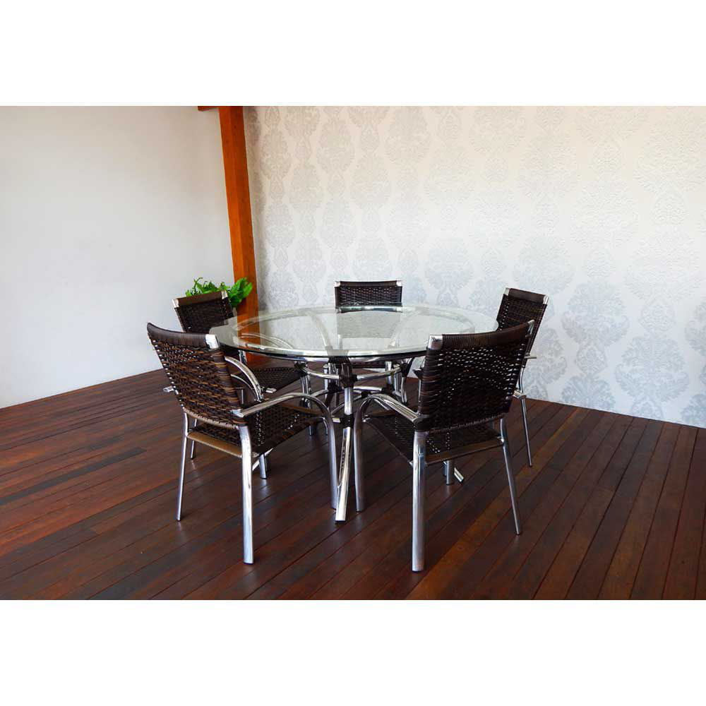 Conjunto Mesa de Jantar Cuiabá 5 lugares de Vidro Fibra Sintética e Alumínio + Cadeira Jurere Com Braço - 1,40